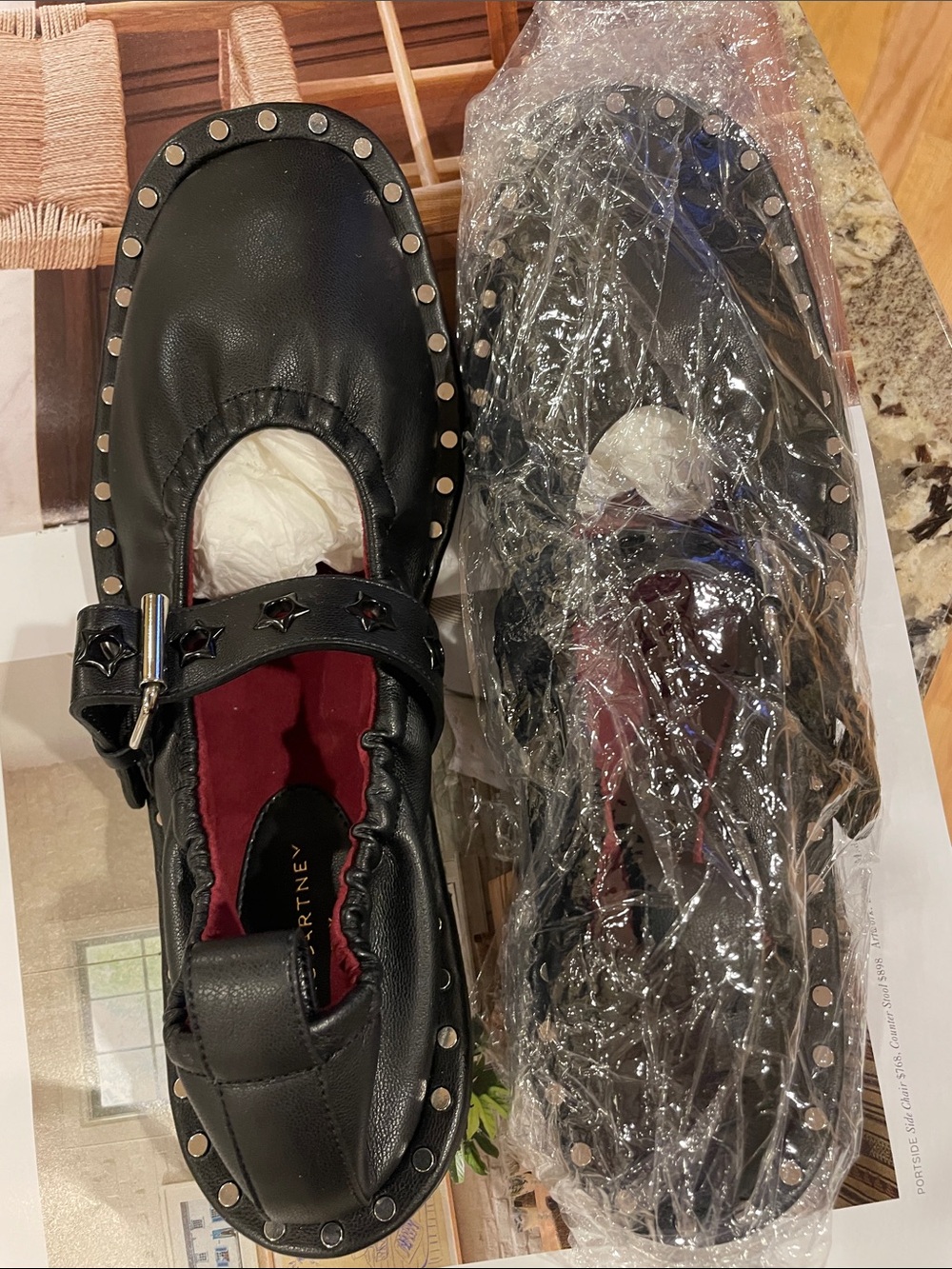 NWT Stella McCartney Genuine Leather Stud-Trim Mary Jane Flats with Star Buckle